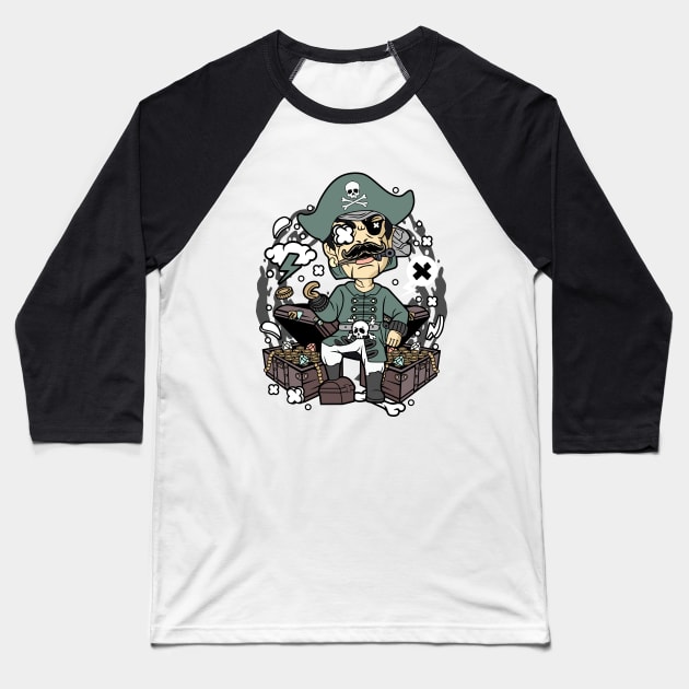 Pirate Illustration Baseball T-Shirt by Mako Design 